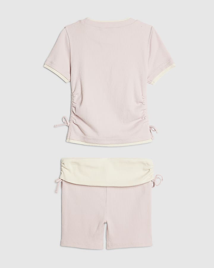 Girls Pink Ruched Ribbed Top And Shorts Set
