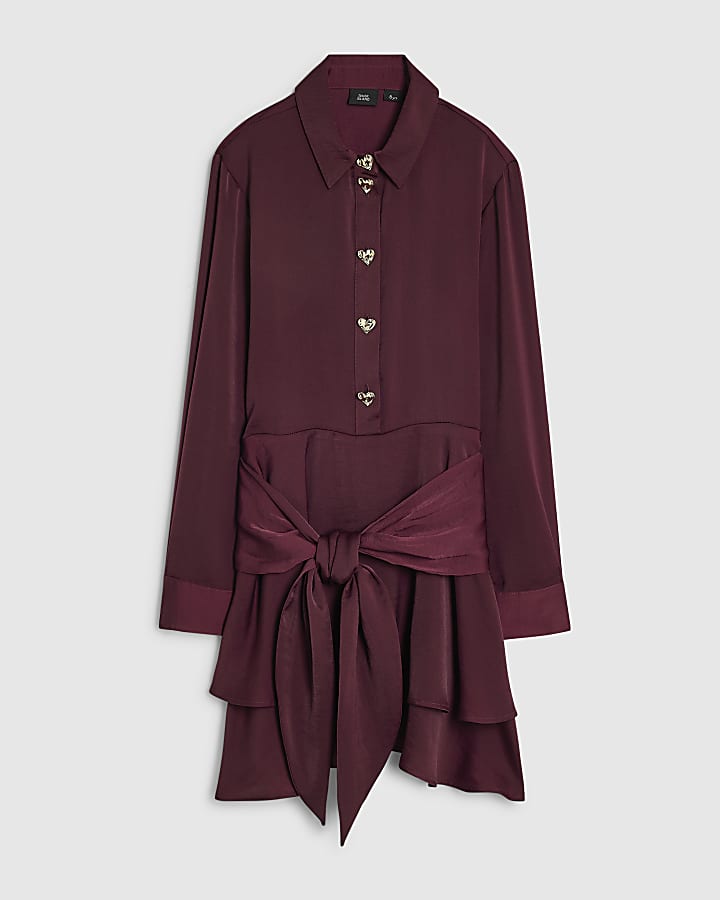 Girls Burgundy Tie Scarf Shirt Dress