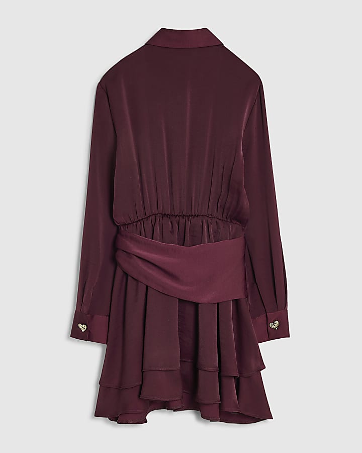 Girls Burgundy Tie Scarf Shirt Dress