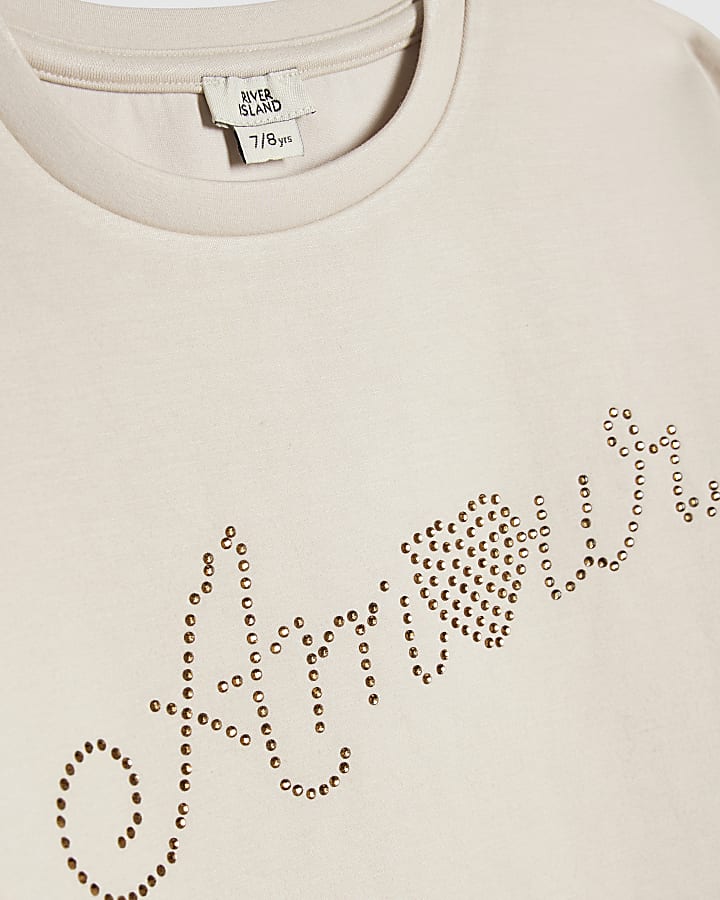 Girls Cream Premium Embellished Amour T-Shirt
