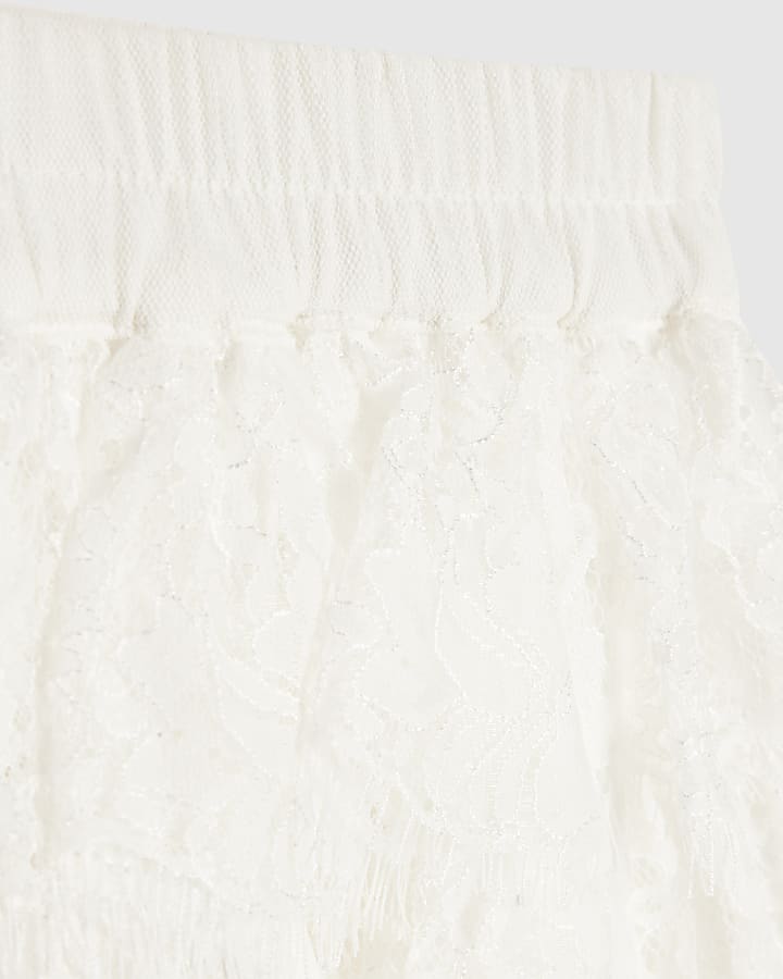 Girls Cream Lace T-Shirt And Ruffle Skirt Set