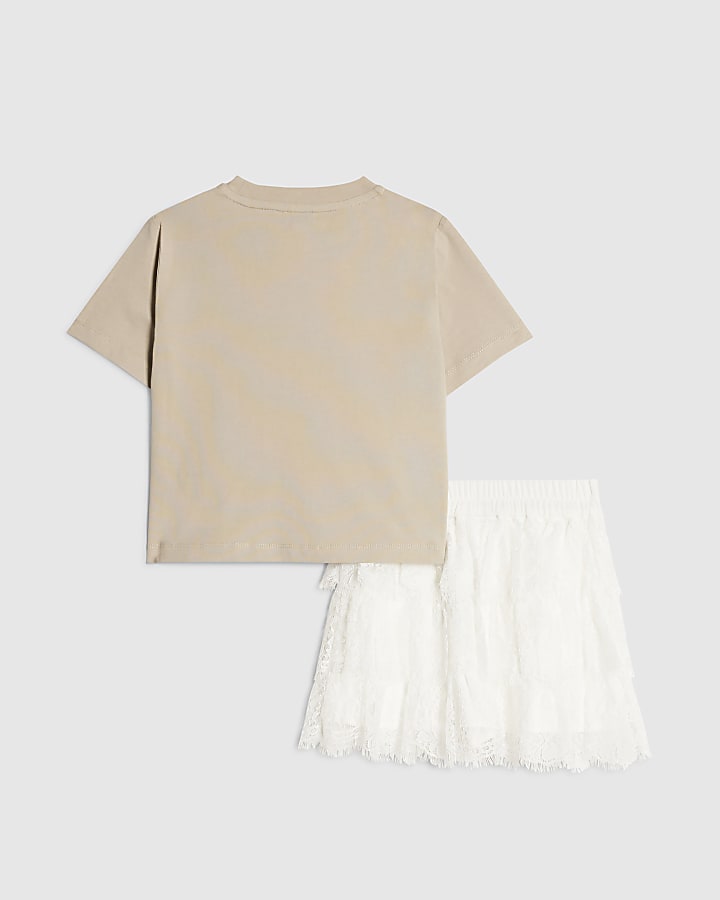 Girls Cream Lace T-Shirt And Ruffle Skirt Set