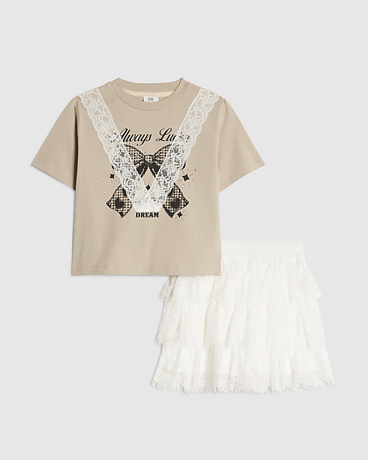 Girls Cream Lace T-Shirt And Ruffle Skirt Set