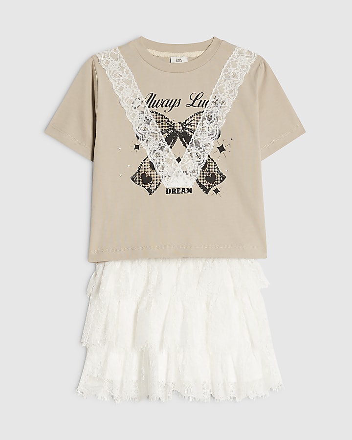 Girls Cream Lace T-Shirt And Ruffle Skirt Set