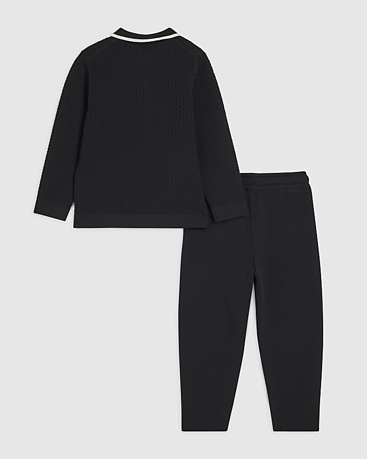 Mini Boys Black Textured Polo Shirt Set