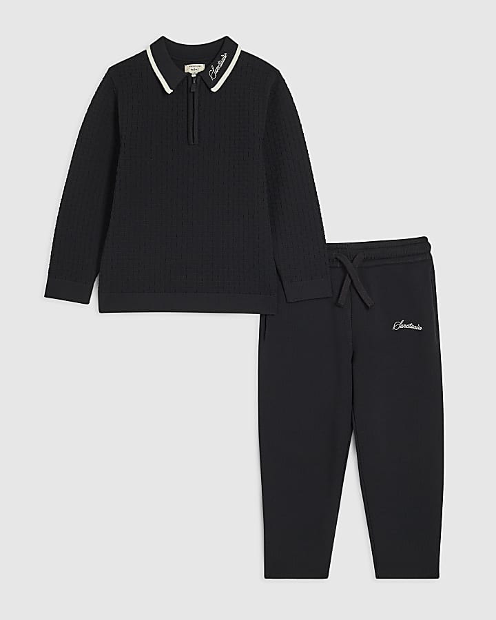 Mini Boys Black Textured Polo Shirt Set