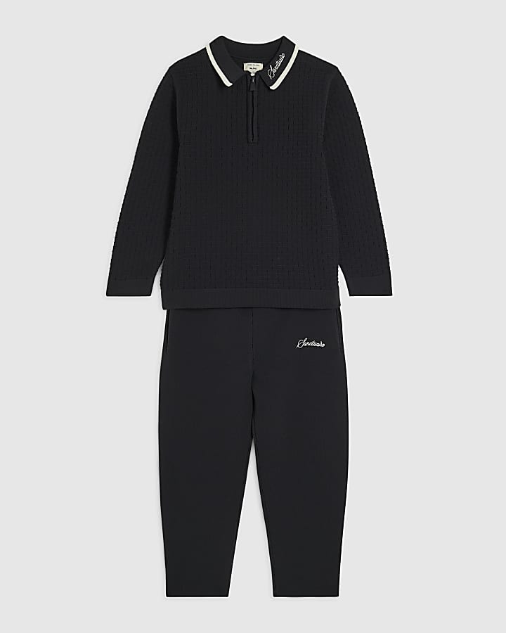 Mini Boys Black Textured Polo Shirt Set