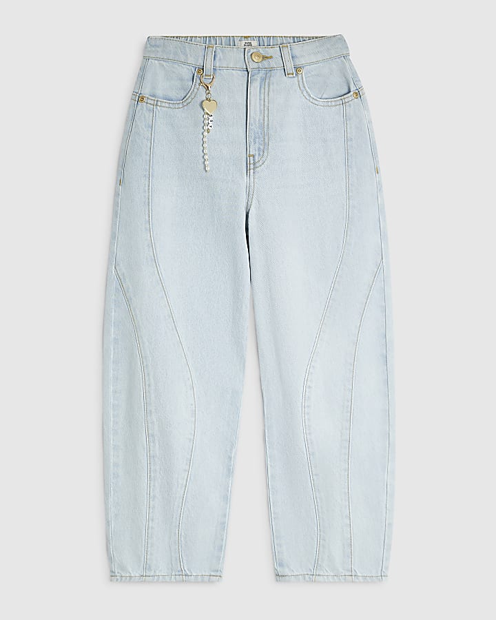 Girls Blue Light Wash Barrel Jeans
