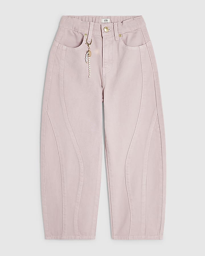 Girls Pink Light Wash Barrel Jeans