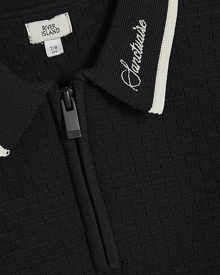 Boys Black Textured Polo Shirt Set