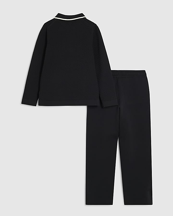 Boys Black Textured Polo Shirt Set