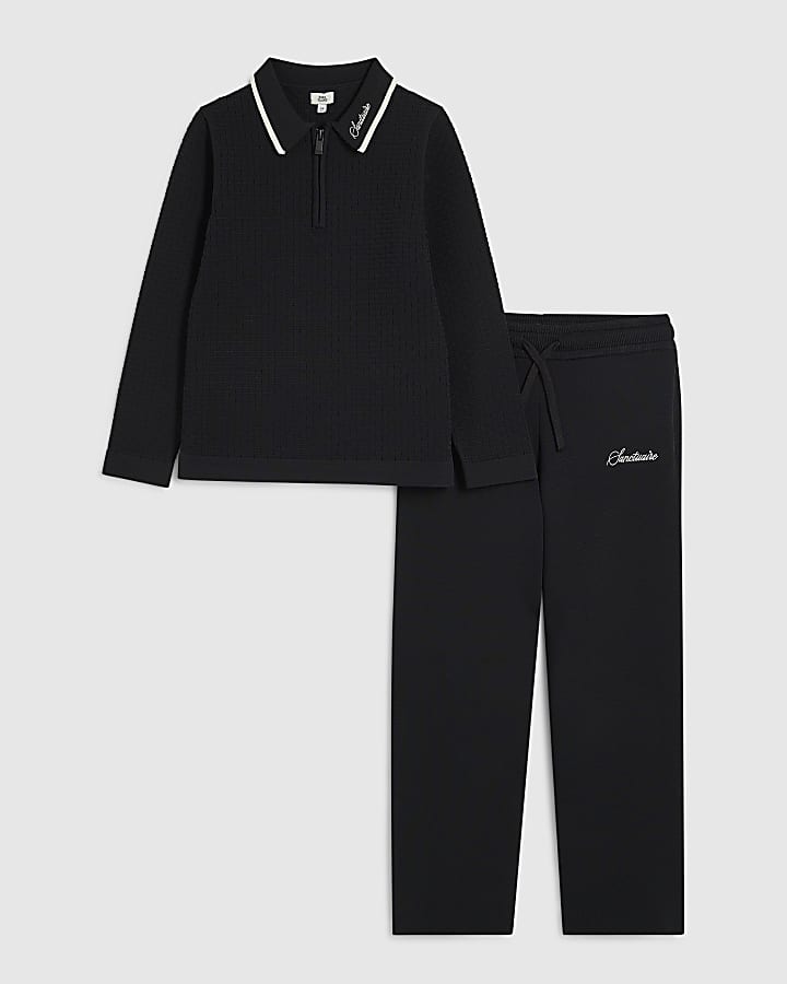 Boys Black Textured Polo Shirt Set
