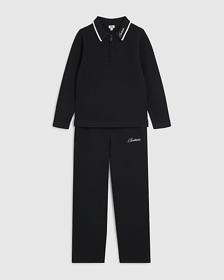 Boys Black Textured Polo Shirt Set