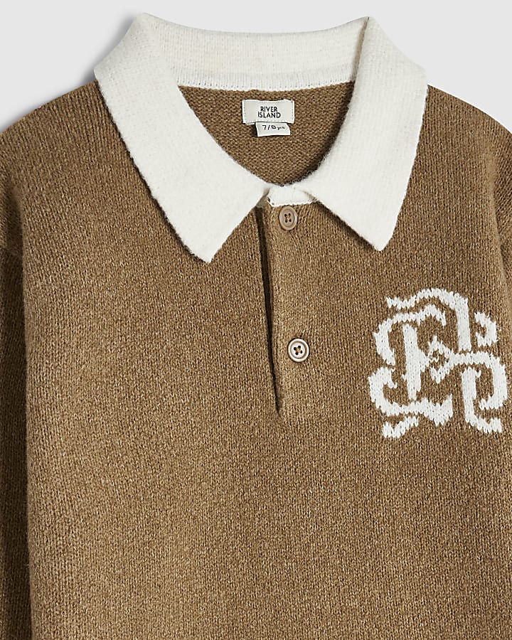 Boys Brown Colour Block Knit Shirt Set