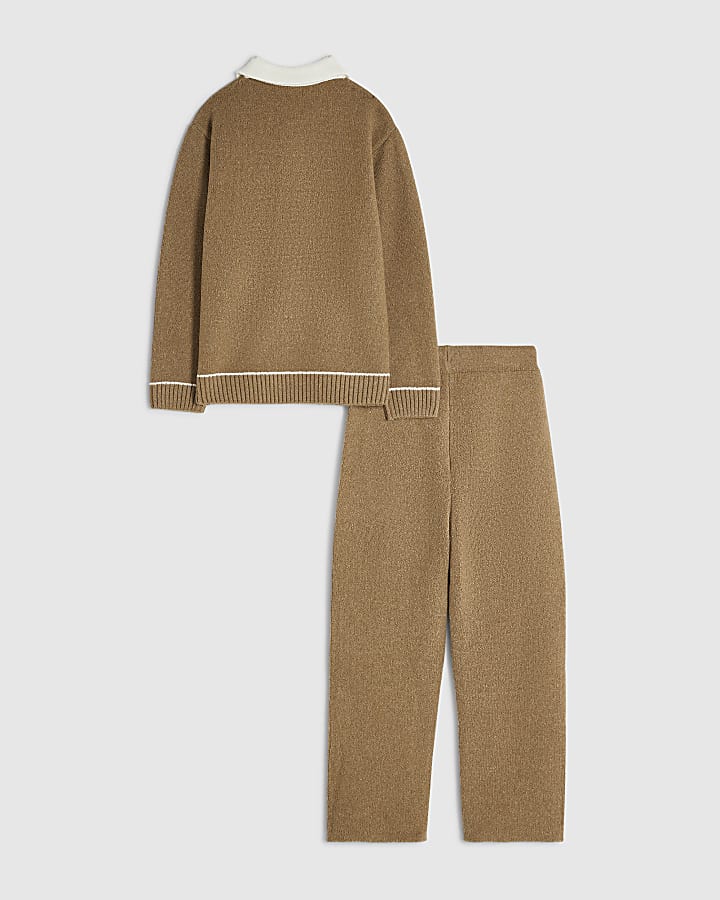 Boys Brown Colour Block Knit Shirt Set