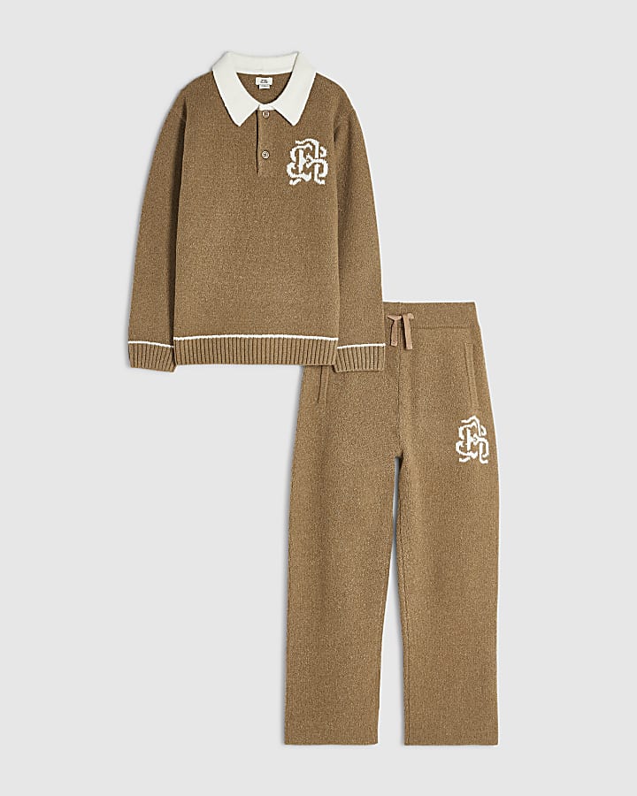 Boys Brown Colour Block Knit Shirt Set