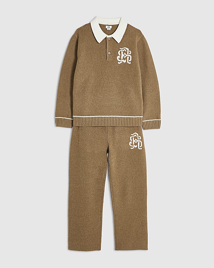Boys Brown Colour Block Knit Shirt Set