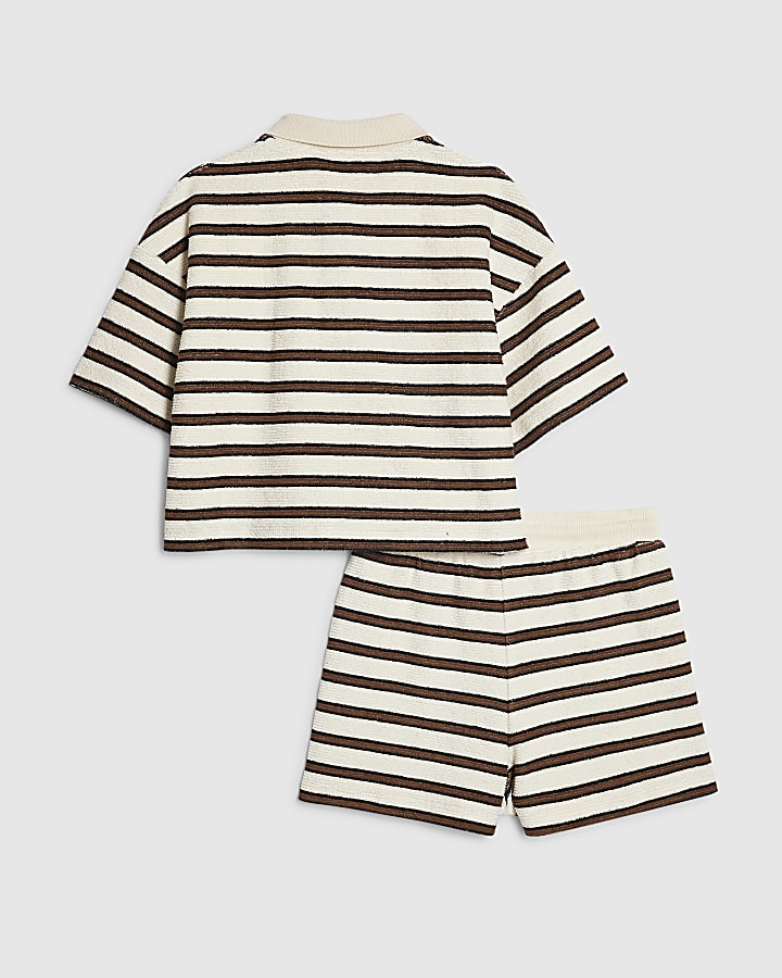 Girls Brown Stripe Towelling Shorts Set