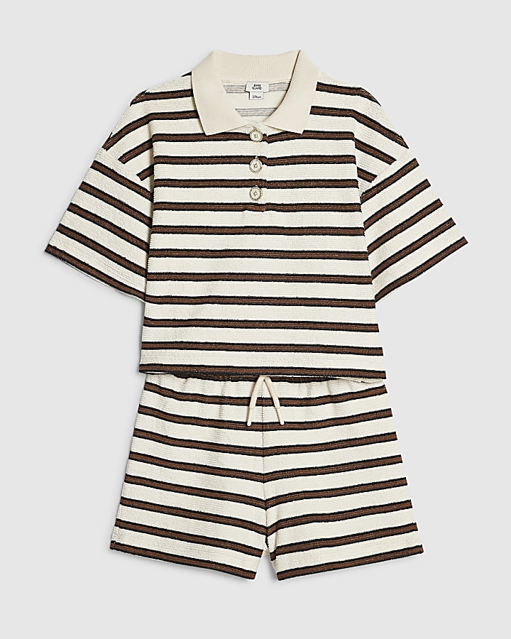 Girls Brown Stripe Towelling Shorts Set