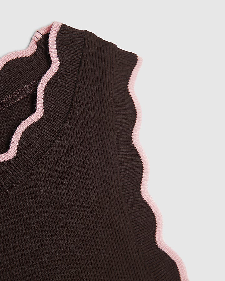 Girls Brown Scallop Pink Trim Tank Top