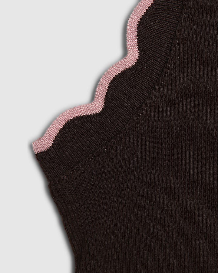 Girls Brown Scallop Pink Trim Tank Top