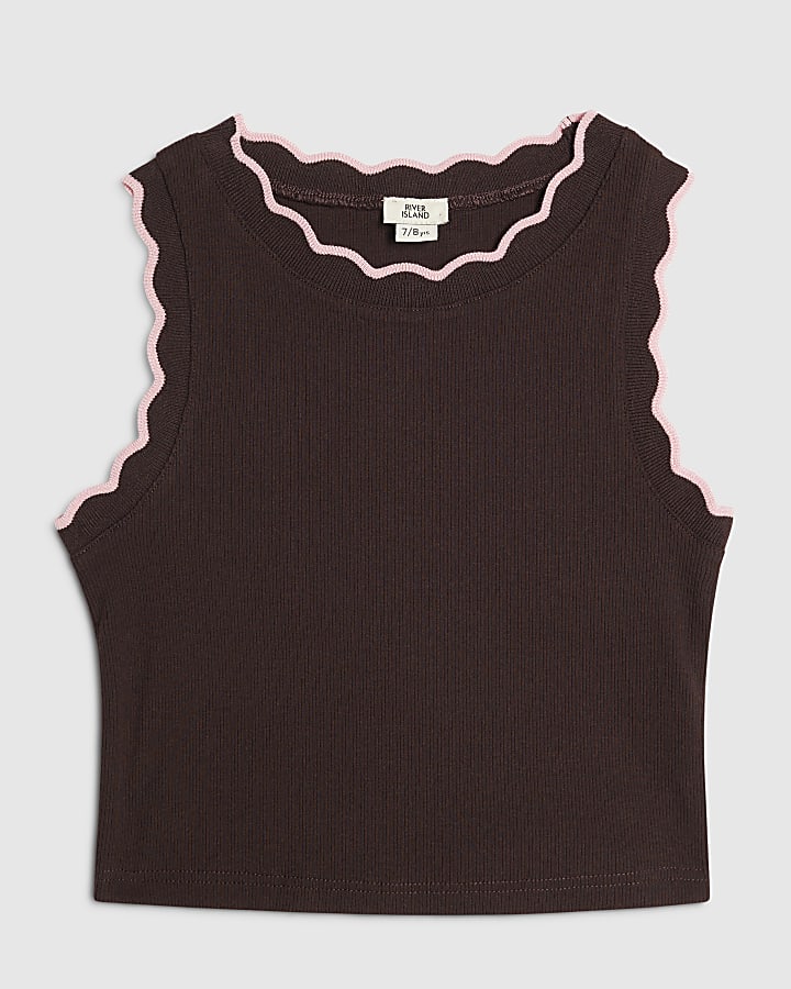 Girls Brown Scallop Pink Trim Tank Top