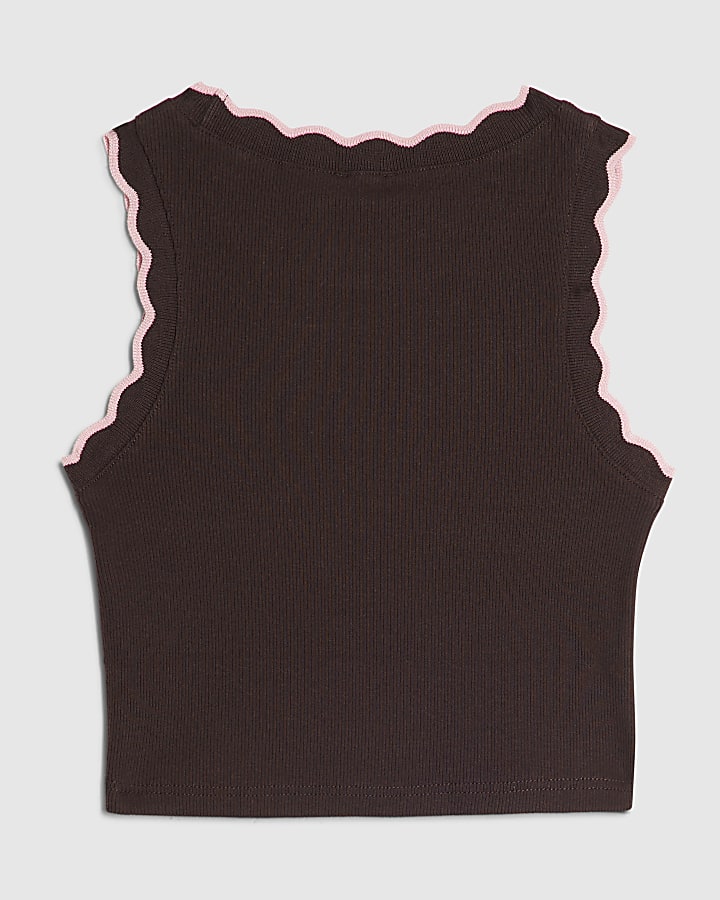 Girls Brown Scallop Pink Trim Tank Top