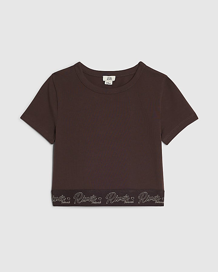 Girls Brown Cut Out RI Scripty Waistband Top