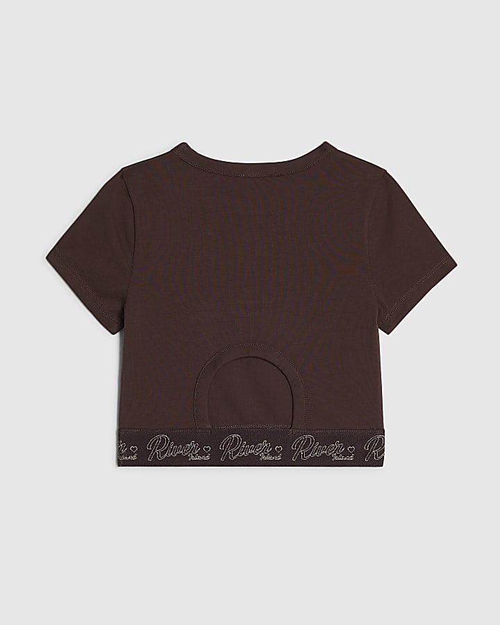 Girls Brown Cut Out RI Scripty Waistband Top