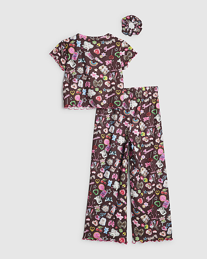 Girls Brown Sticker Print Pyjamas Set
