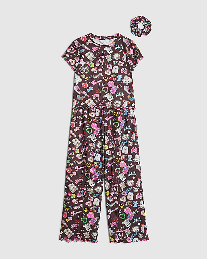 Girls Brown Sticker Print Pyjamas Set