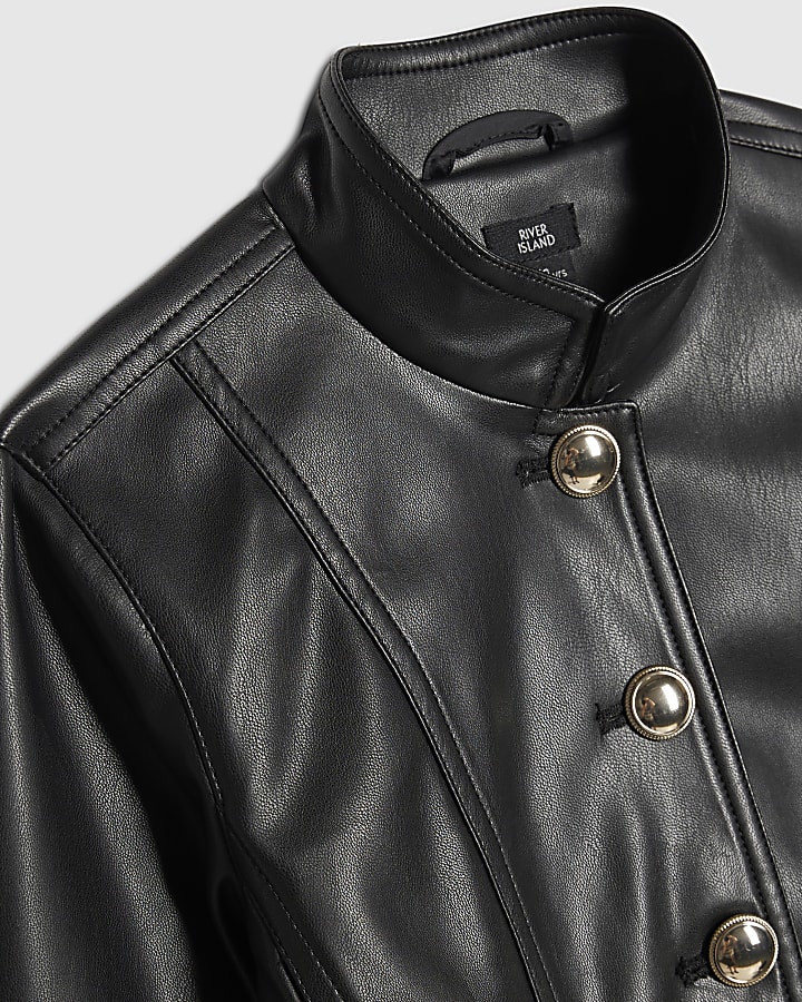 Girls Black Faux Leather Buttoned Jacket