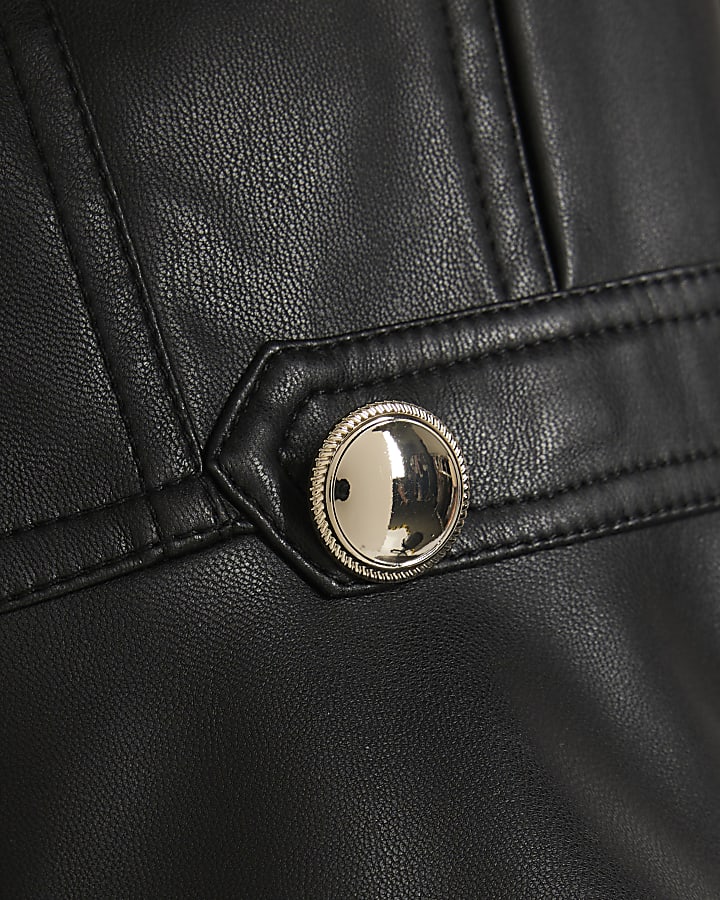 Girls Black Faux Leather Buttoned Jacket