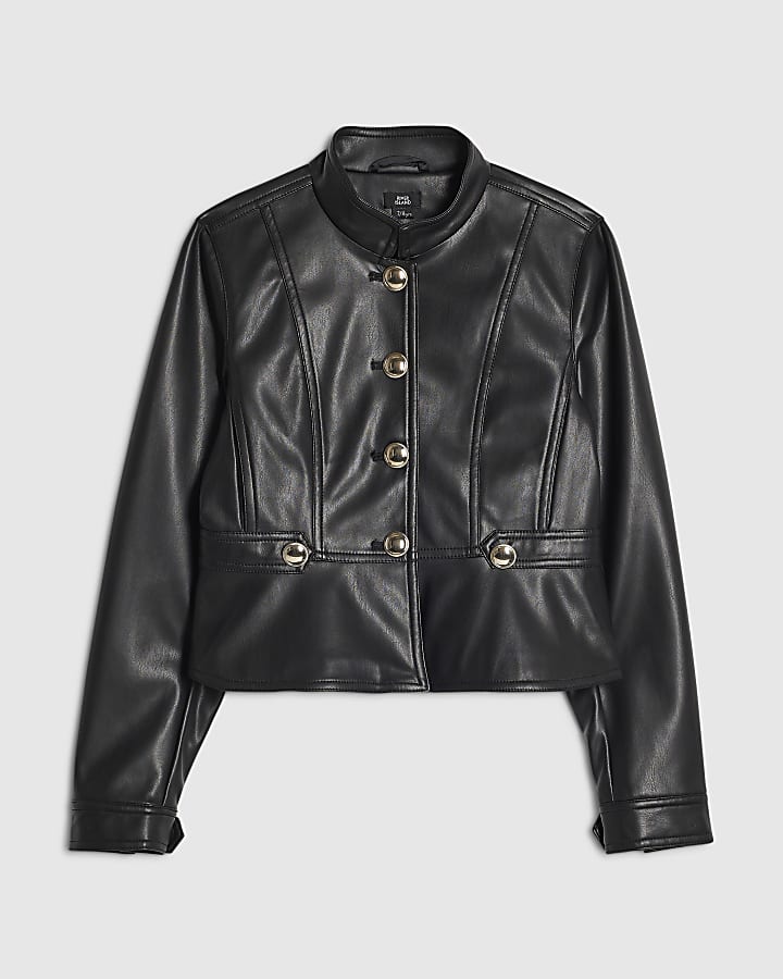 Girls Black Faux Leather Buttoned Jacket
