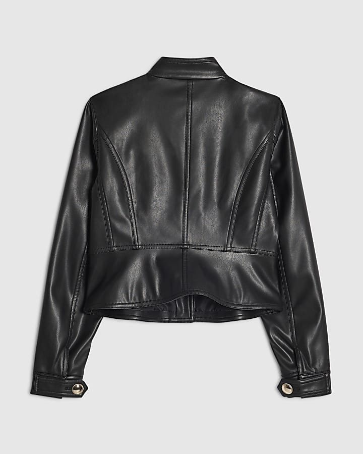 Girls Black Faux Leather Buttoned Jacket