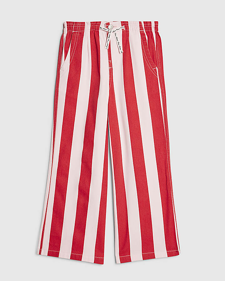 Girls Pink Stripe Drawstring Wide Leg Jeans