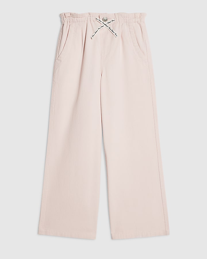 Girls Pink Drawstring Wide Leg Jeans