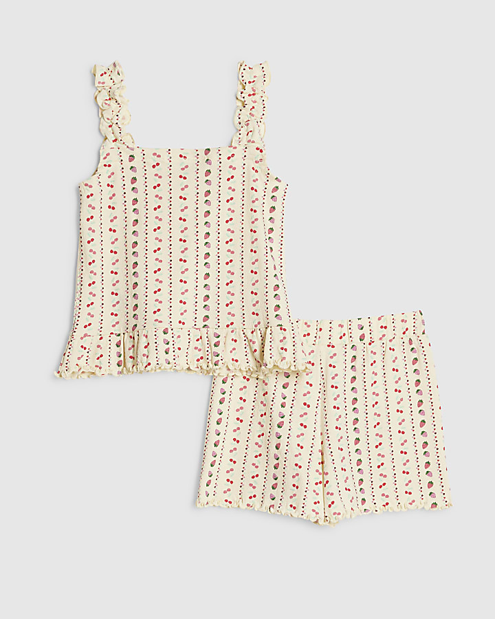 Girls Cream Frilled Cherry Pyjamas Set