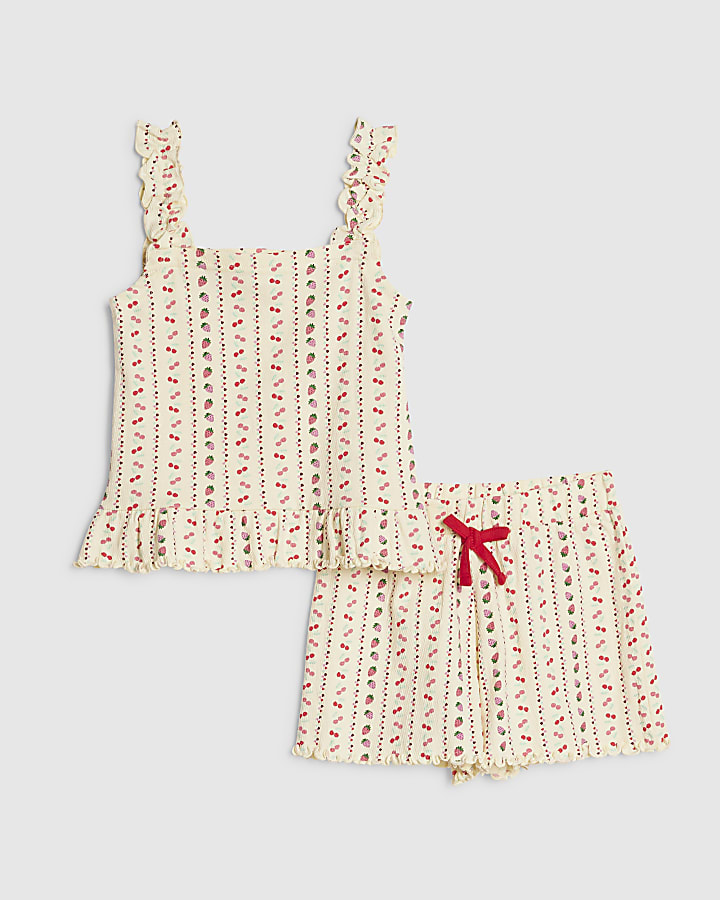 Girls Cream Frilled Cherry Pyjamas Set