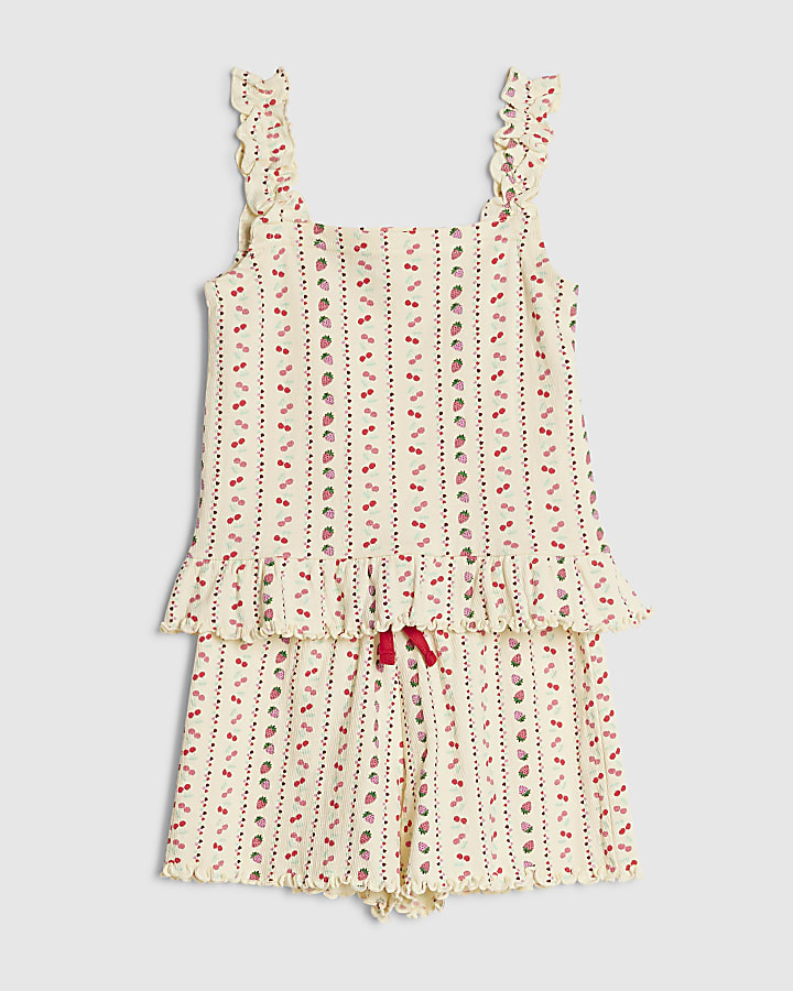 Girls Cream Frilled Cherry Pyjamas Set