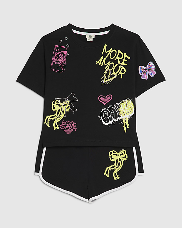 Girls Black Neon Graffiti T-Shirt & Short Set