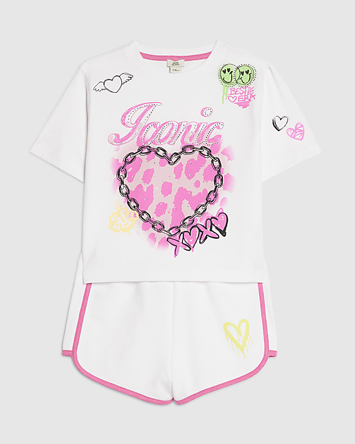 Girls White Neon Graffiti T-Shirt & Short Set