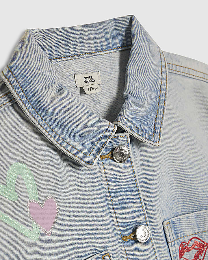 Girls Blue Leopard Heart Denim Jacket