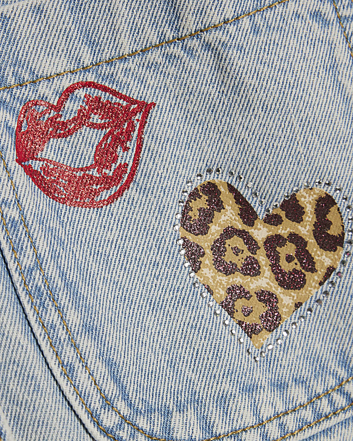 Girls Blue Leopard Heart Denim Jacket