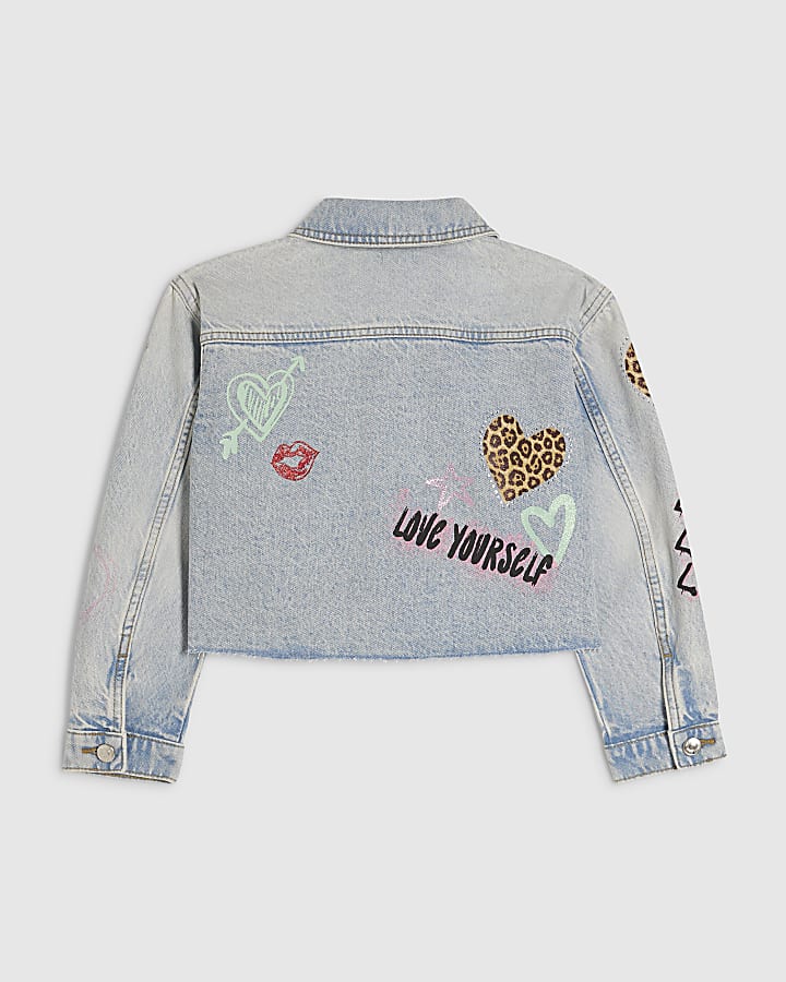 Girls Blue Leopard Heart Denim Jacket