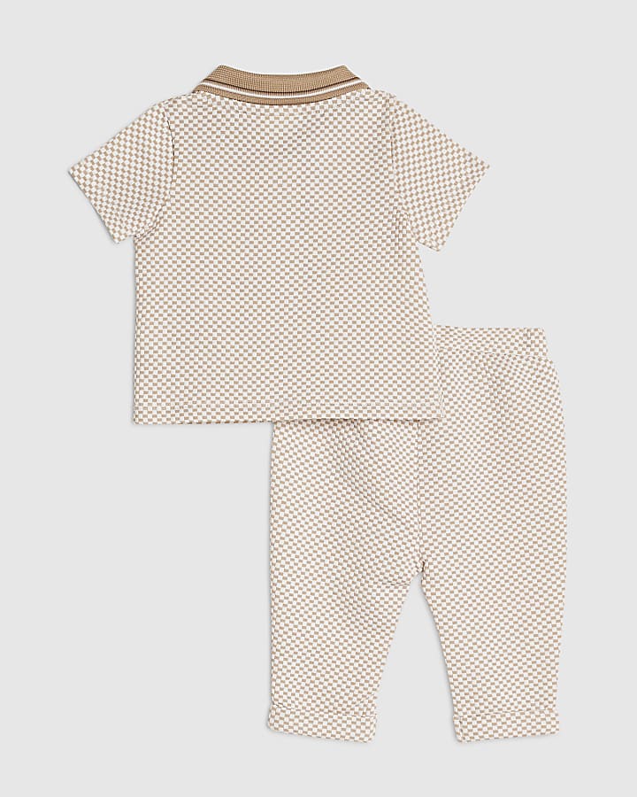 Baby Boys Beige Chequered Polo Shirt Set