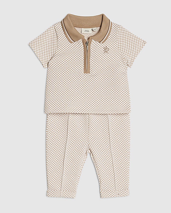 Baby Boys Beige Chequered Polo Shirt Set