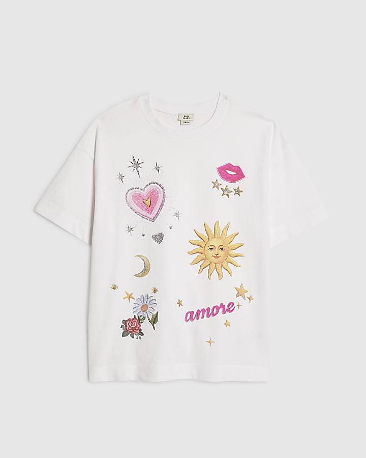 Girls White Sun Badge Icons T-Shirt
