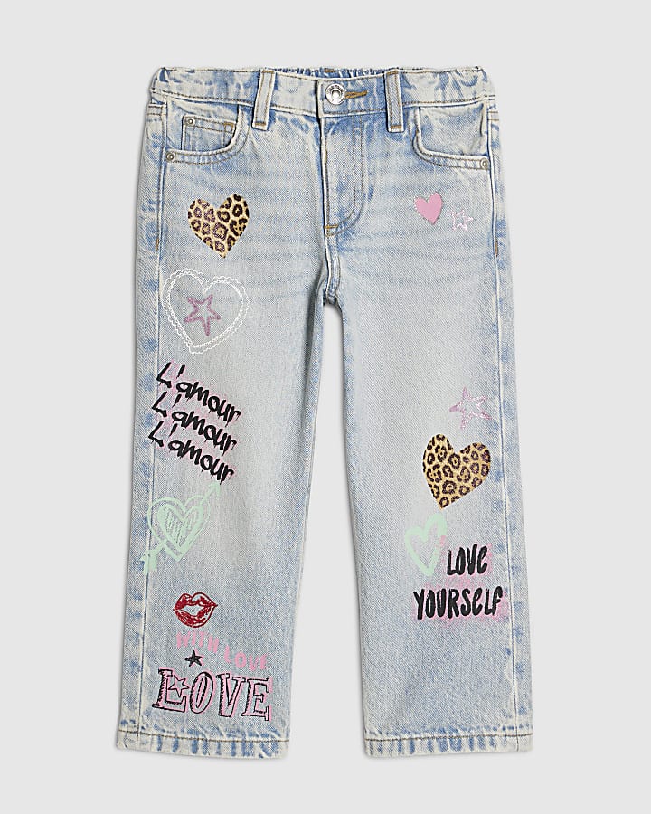 Mini Girls Blue Graffiti Straight Jeans