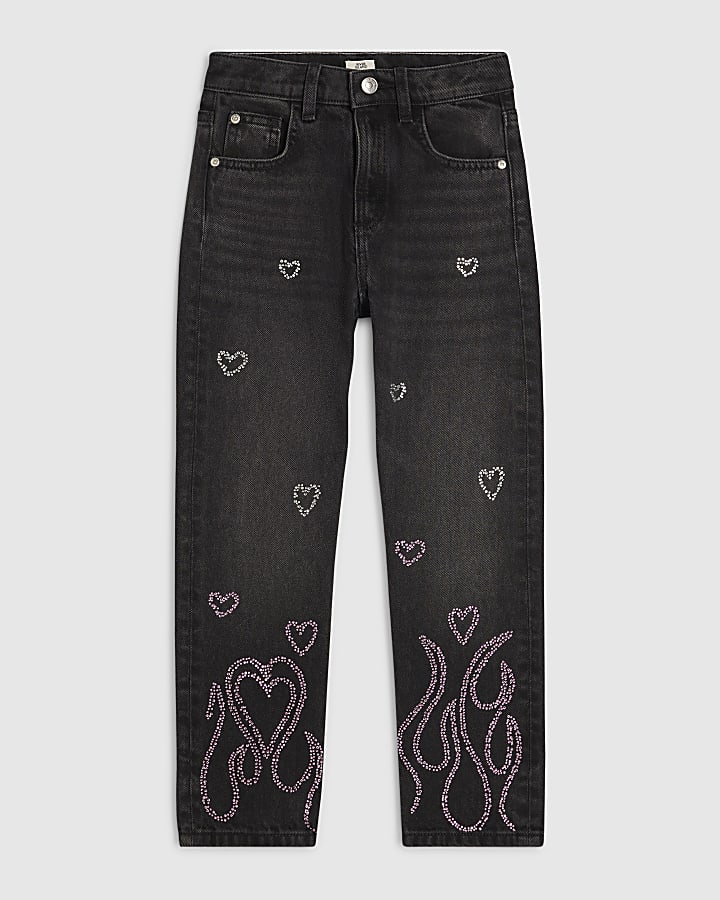 Girls Black Angel Embellished Straight Jeans